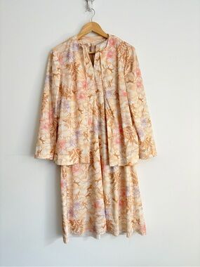 Vintage 1970s Horse Floral Two Piece Dress Jacket Set Cowgirl Core M